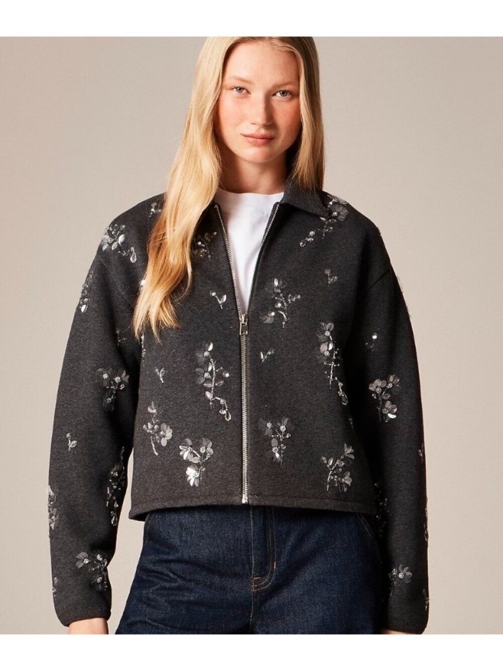 NEW J. Crew Embellished Bomber Jacket Sz M Heritage Fleece Heather Charcoal Grey